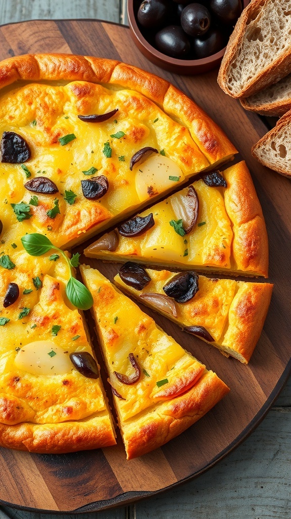 Spanish Tortilla Recipe A sliced Spanish tortilla showcasing layers of potatoes and onions, garnished with herbs, on a wooden platter with olives and bread.